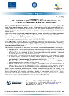 ANUNȚ/COMUNICAT DE PRESĂ PRIVIND începerea proiectului „CONSOLIDAREA CAPACITĂŢII DE GESTIONARE A CRIZEI SANITARE COVID-19 ÎN CADRUL SPITALULUI JUDEŢEAN DE URGENŢĂ TÂRGOVIŞTE” cod SMIS 140881