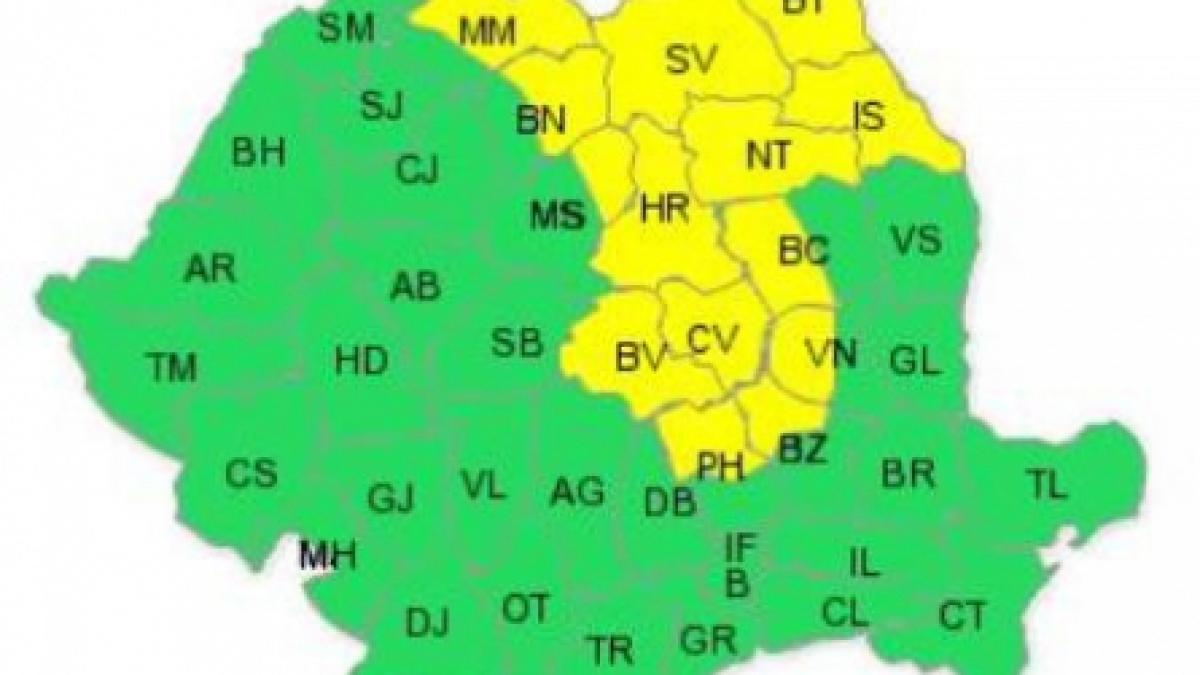 Cod galben de ploi pentru Moldova, Maramureş şi zona Carpaţilor Orientali 