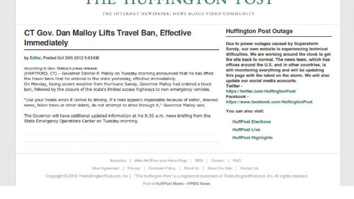 Uraganul Sandy a închis site-ul Huffington Post