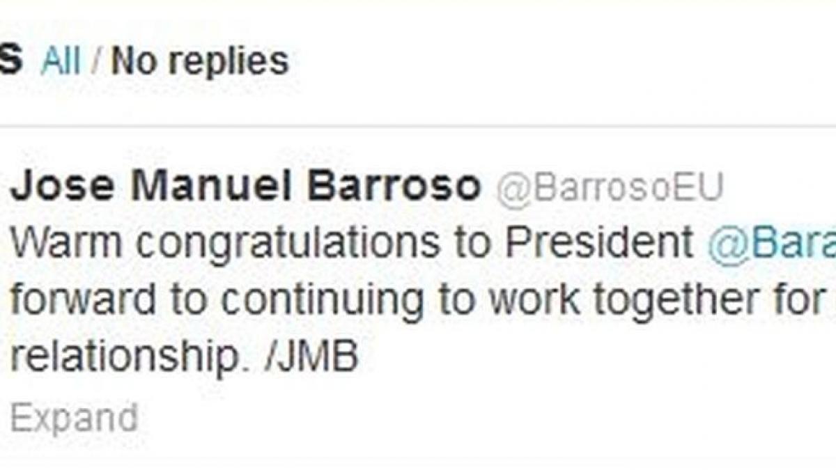 Barack Obama, felicitat pe Twitter de liderii europeni. Barroso: Abia aştept să ne continuăm munca împreună