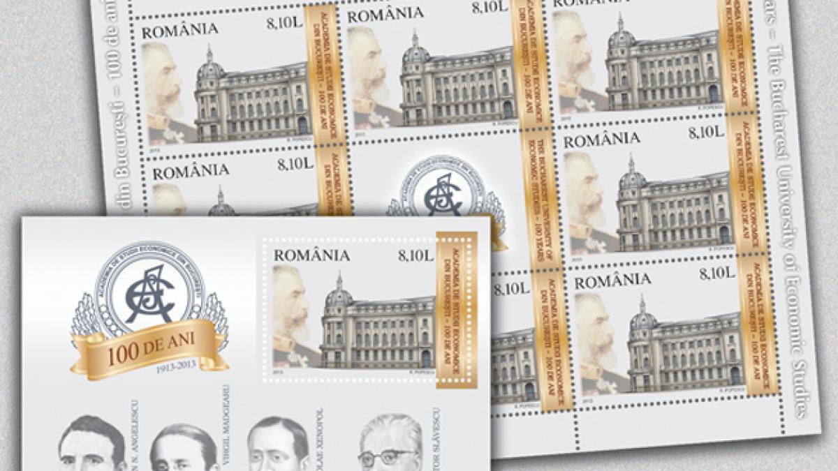 Emisiune de timbre aniversare „Academia de Studii Economice din Bucureşti – 100 de ani”.