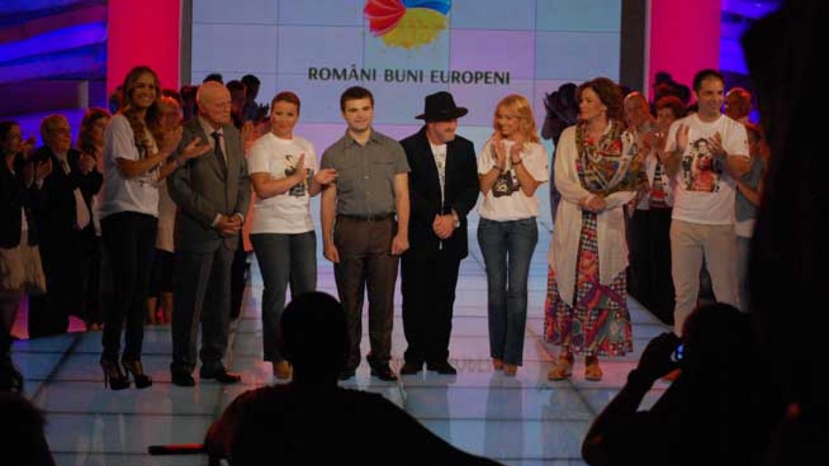 În culisele campaniei „Români buni europeni”. Beligan, Morgenstern, Alifantis, Arafat, Budişteanu, Ţăndărică, omagiaţi de vedetele trustului Intact 