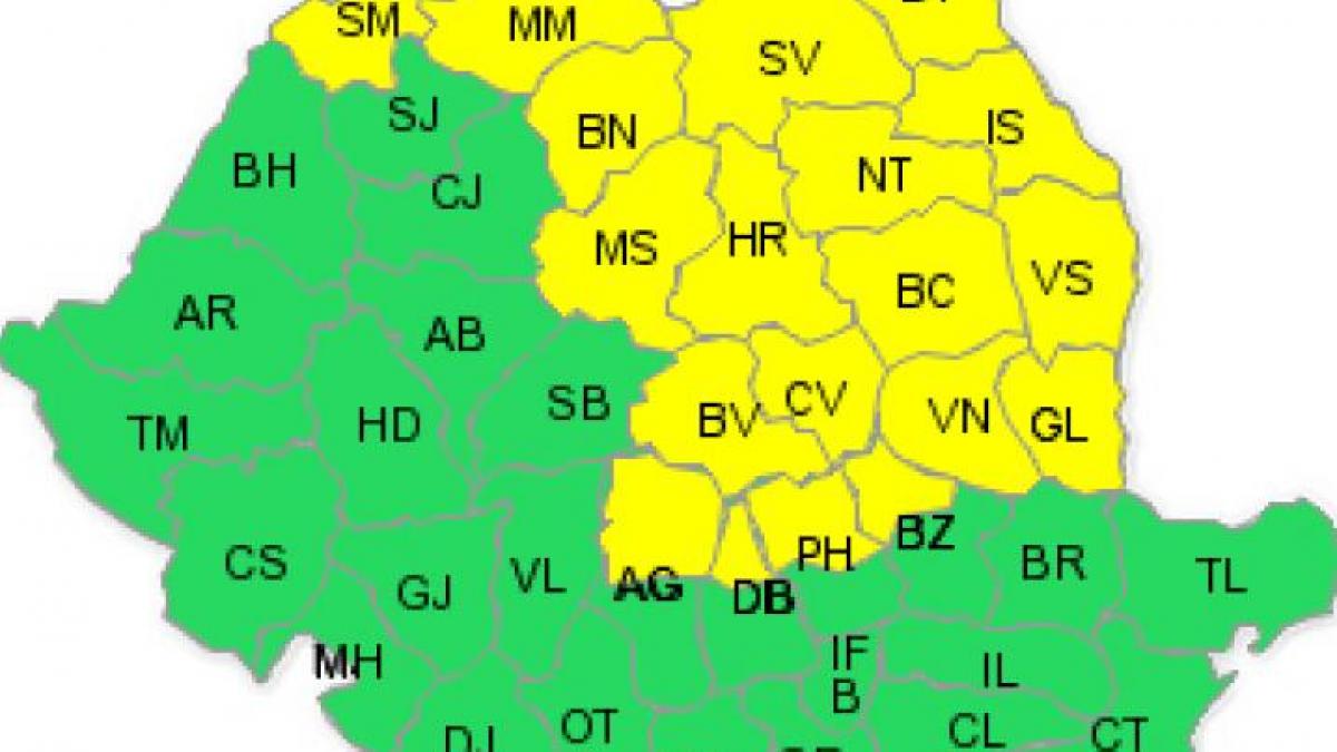 COD GALBEN de ploi torenţiale şi vijelii. Zonele afectate: nordul și nord-estul României