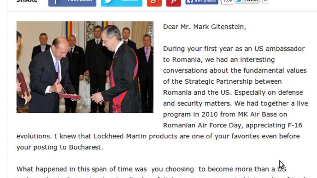 Întrebări pentru fostul ambasador al SUA. Jurnalistul Radu Tudor i-a trimis o epistolă lui Mark Gitenstein