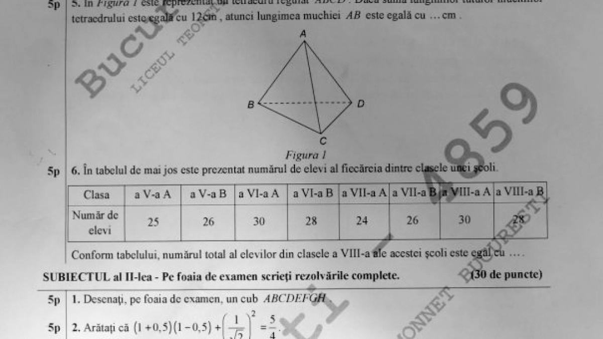 EVALUARE NAȚIONALĂ 2017 MATEMATICĂ - Ce subiecte au avut de rezolvat absolvenții de clasa a 8-a