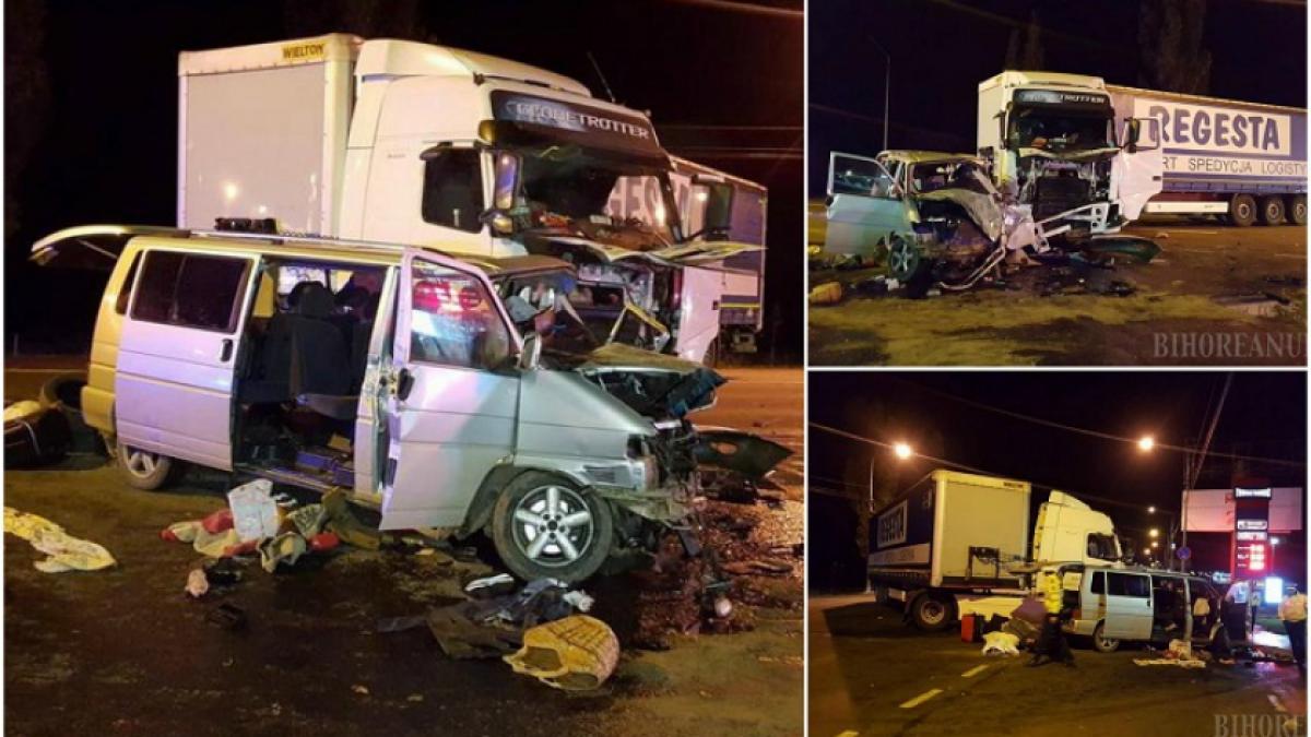 Accident GRAV în Oradea. Un microbuz a intrat în plin într-un TIR. Un mort și cinci răniți