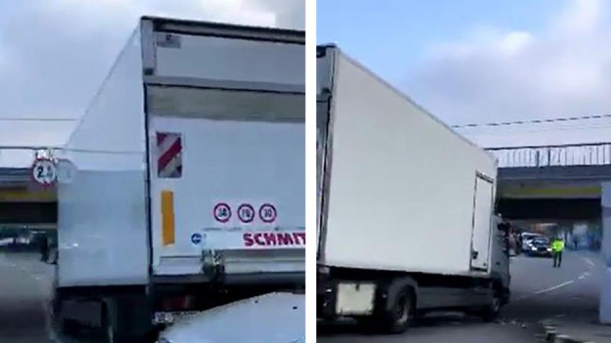VIDEO - Un camion a rămas blocat într-un pod din Vâlcea
