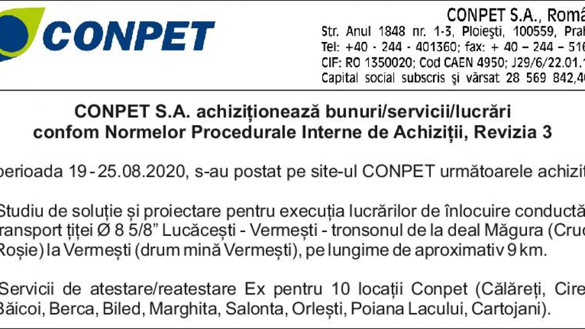 CONPET S.A. achiziționează bunuri/ servicii/ lucrări conform Normelor Procedurale Interne de Achiziție