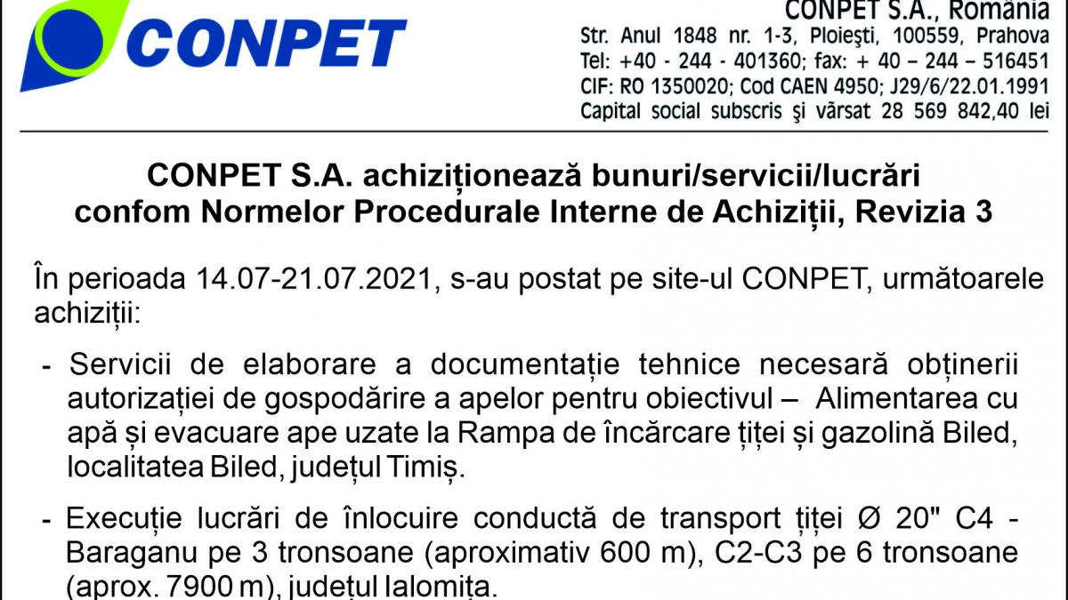 CONPET S.A. achiziționează bunuri/servicii/lucrări