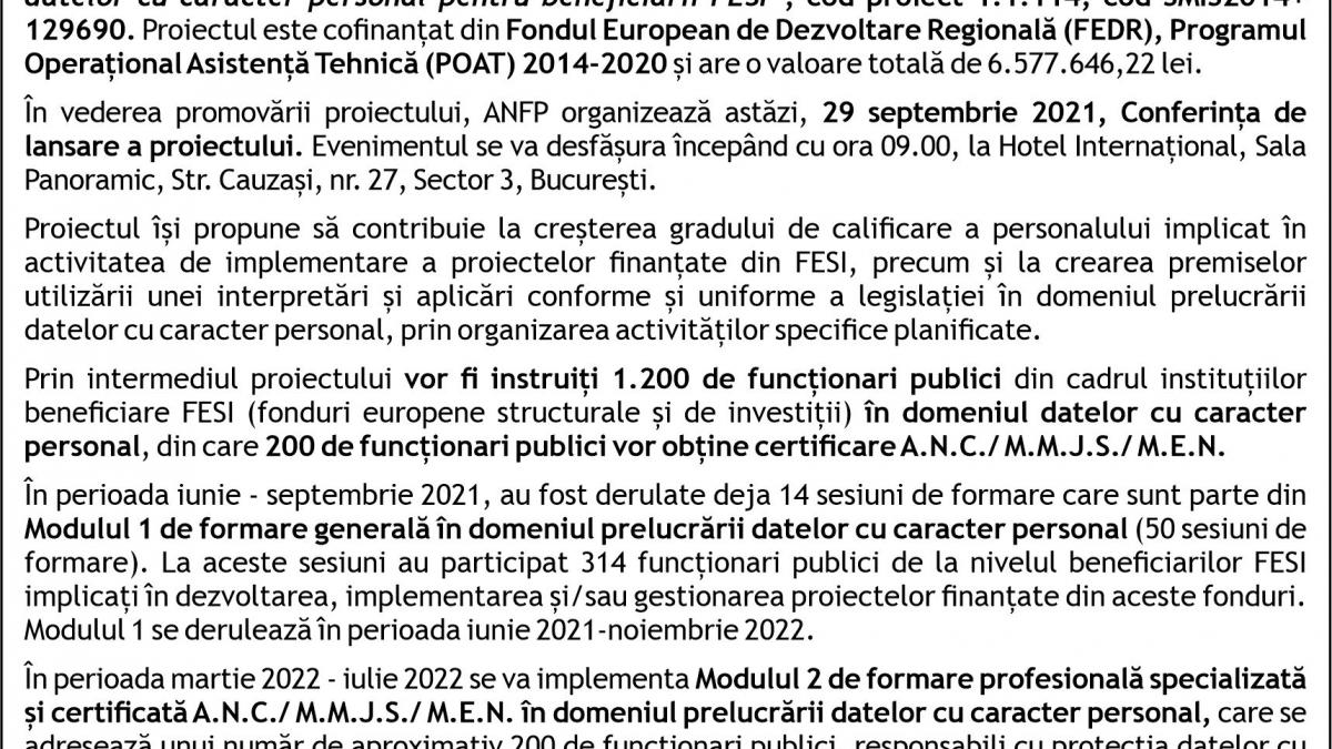 Comunicat de presă cu ocazia lansării proiectului „Instruire orizontală în domeniul prelucrării datelor cu caracter personal pentru beneficiarii FESI”, cod proiect 1.1.114, cod SMIS2014+ 129690
