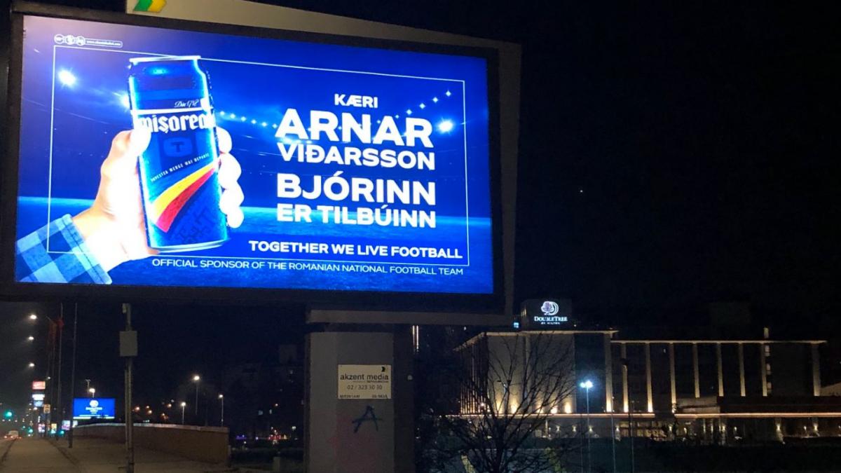 Sponsorul naționalei României de fotbal îi răspunde antrenorului Islandei: berea e pregătită! Mesajul a fost postat lângă stadionul din Skopje în limba islandeză