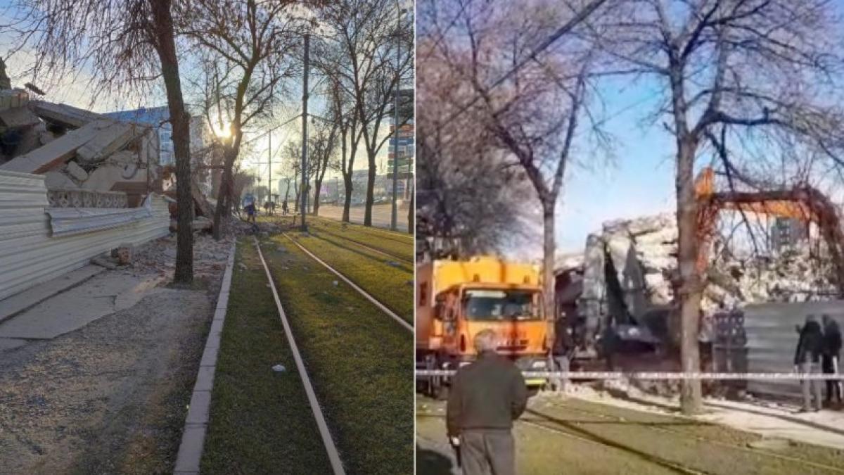 Un imobil din Capitală s-a PRĂBUȘIT pe șina de tramvai. Circulație blocată