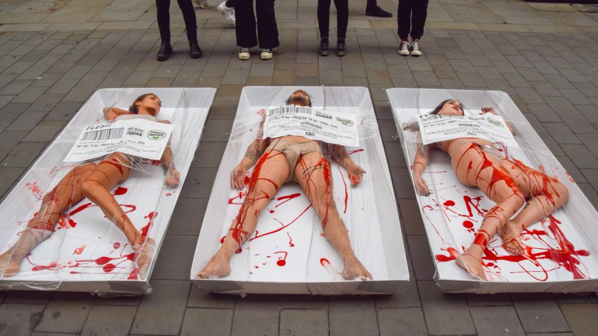 Imagini ȘOCANTE. Militanți vegani s-au pozat însângerați în mijlocul Londrei