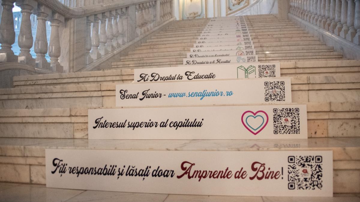 Inedit: Drepturile copiilor, scrise pe treptele Senatului României. "Fiți responsabili și lăsați doar Amprente de Bine!"