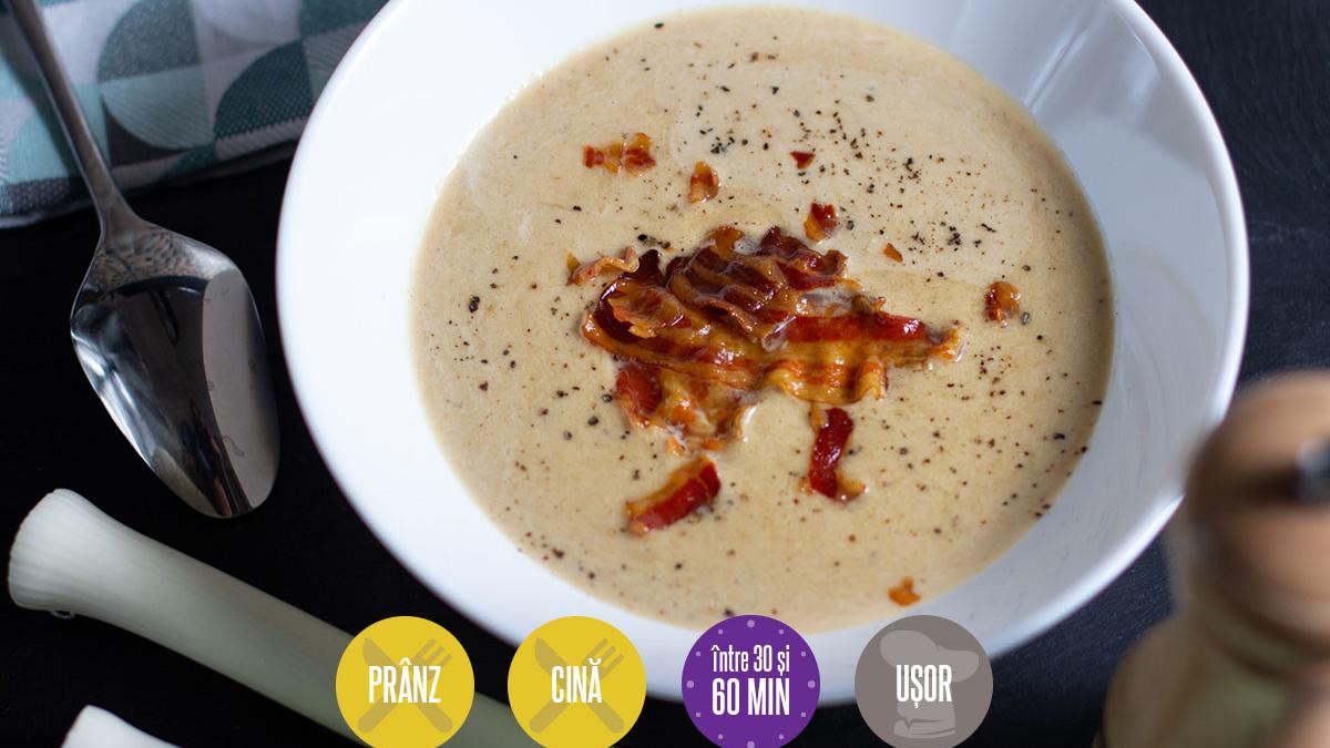 Supă-cremă de praz caramelizat cu bacon