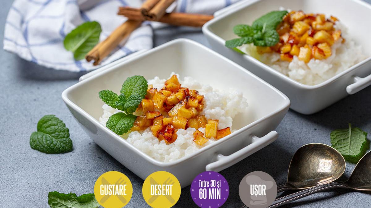 Budincă de orez cu mere caramelizate