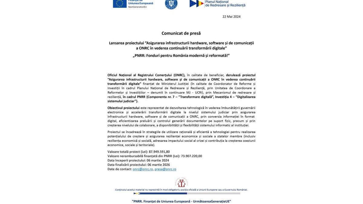Comunicat de presă Oficiul Național al Registrului Comerțului (ONRC)