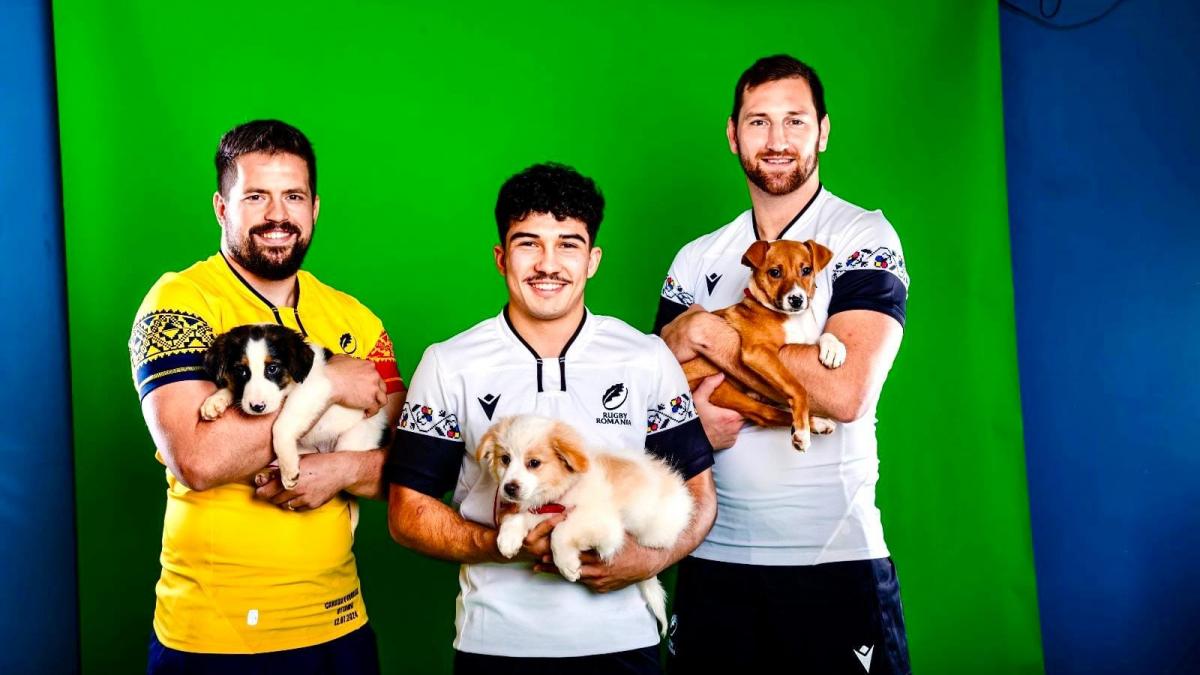 Rugbiștii tricolori, shooting photo alături de cățeii ASPA, pentru calendarul anului 2025