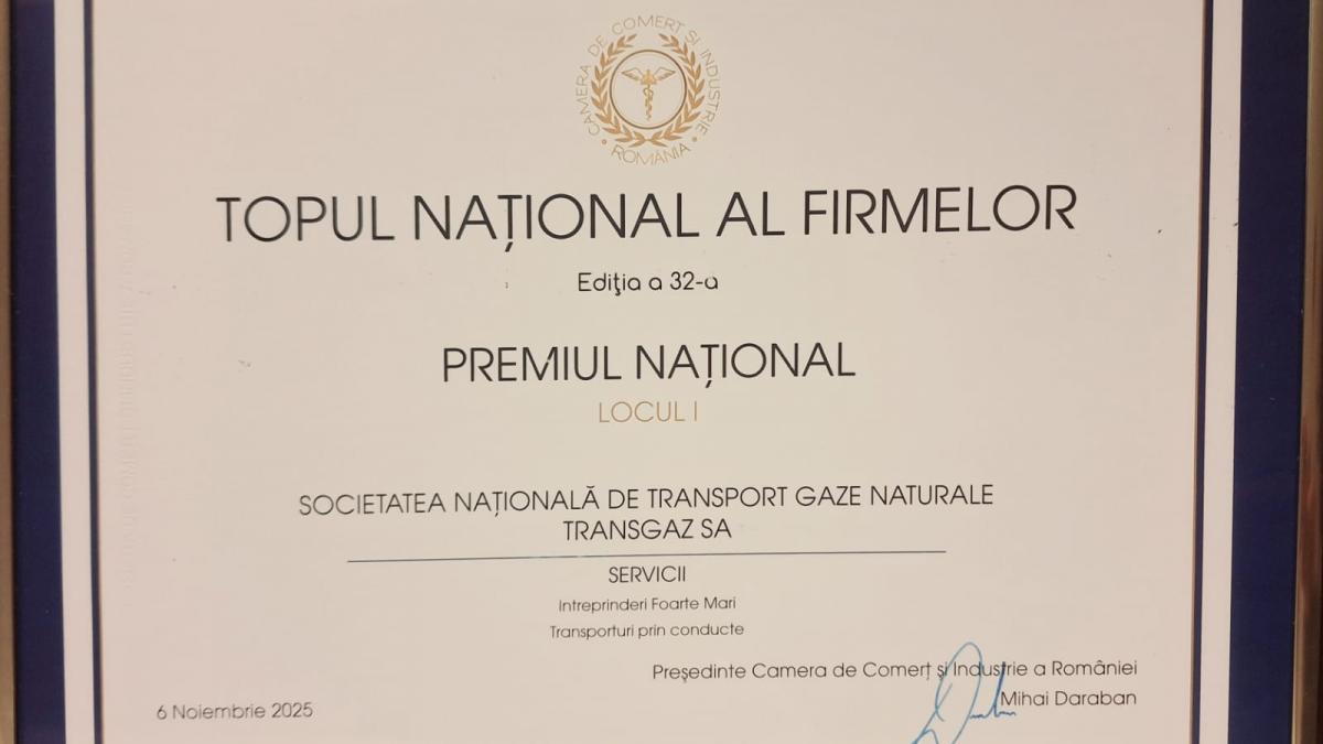 Compania TRANSGAZ a fost distinsă cu Premiul Național – Locul I în cadrul Topului Național al Firmelor 2025
