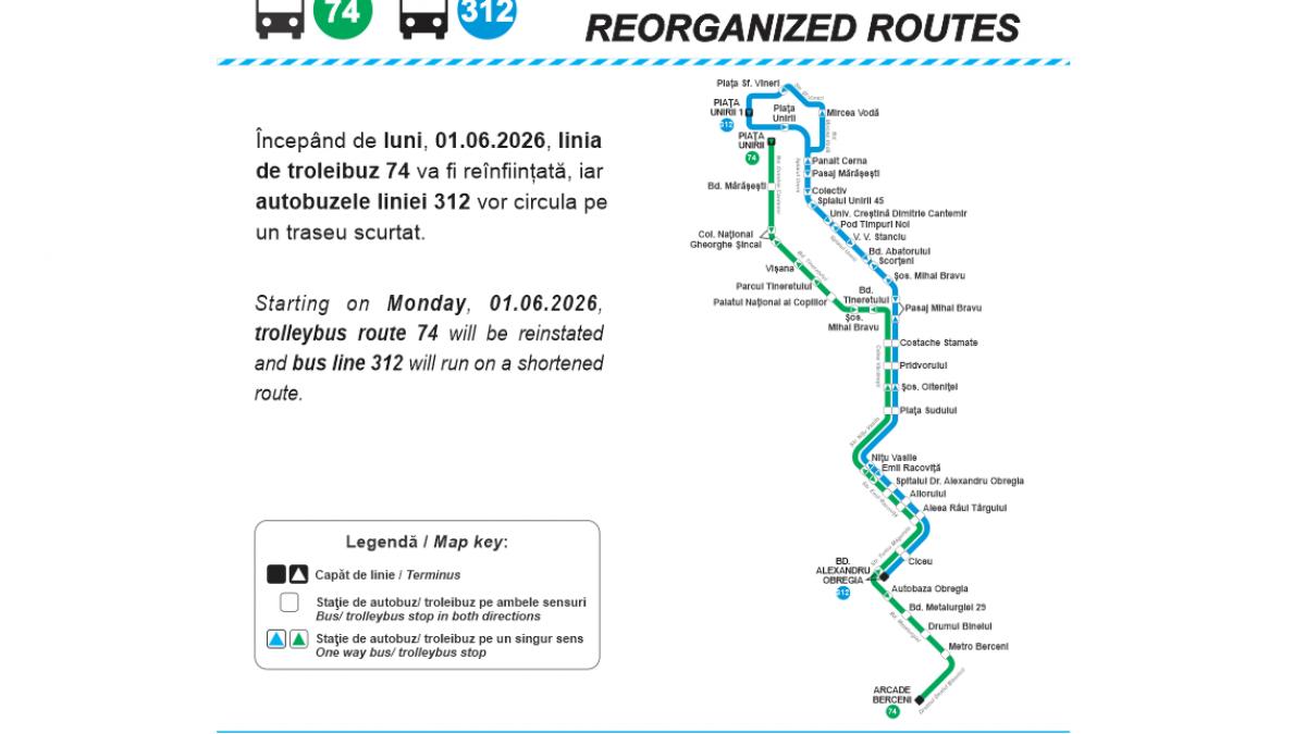 Schimbări importante STB în București: reapare linia 74, iar traseul 312 se scurtează