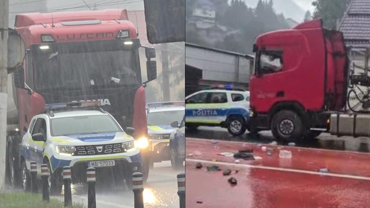 Șofer de TIR, extras cu forța din cabină după ce a lovit o autospecială de Poliție pe DN1. Negociator și trupe speciale, mobilizate la Bușteni