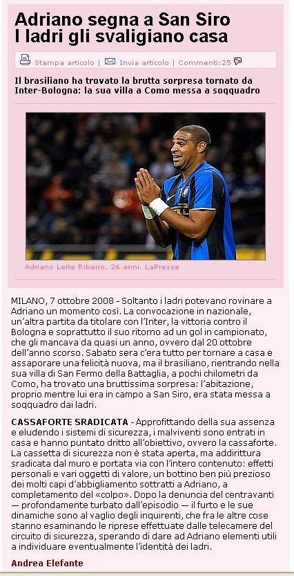 SERIE A / Adriano înscrie pentru Inter, hoţii îi fură seiful din casă
