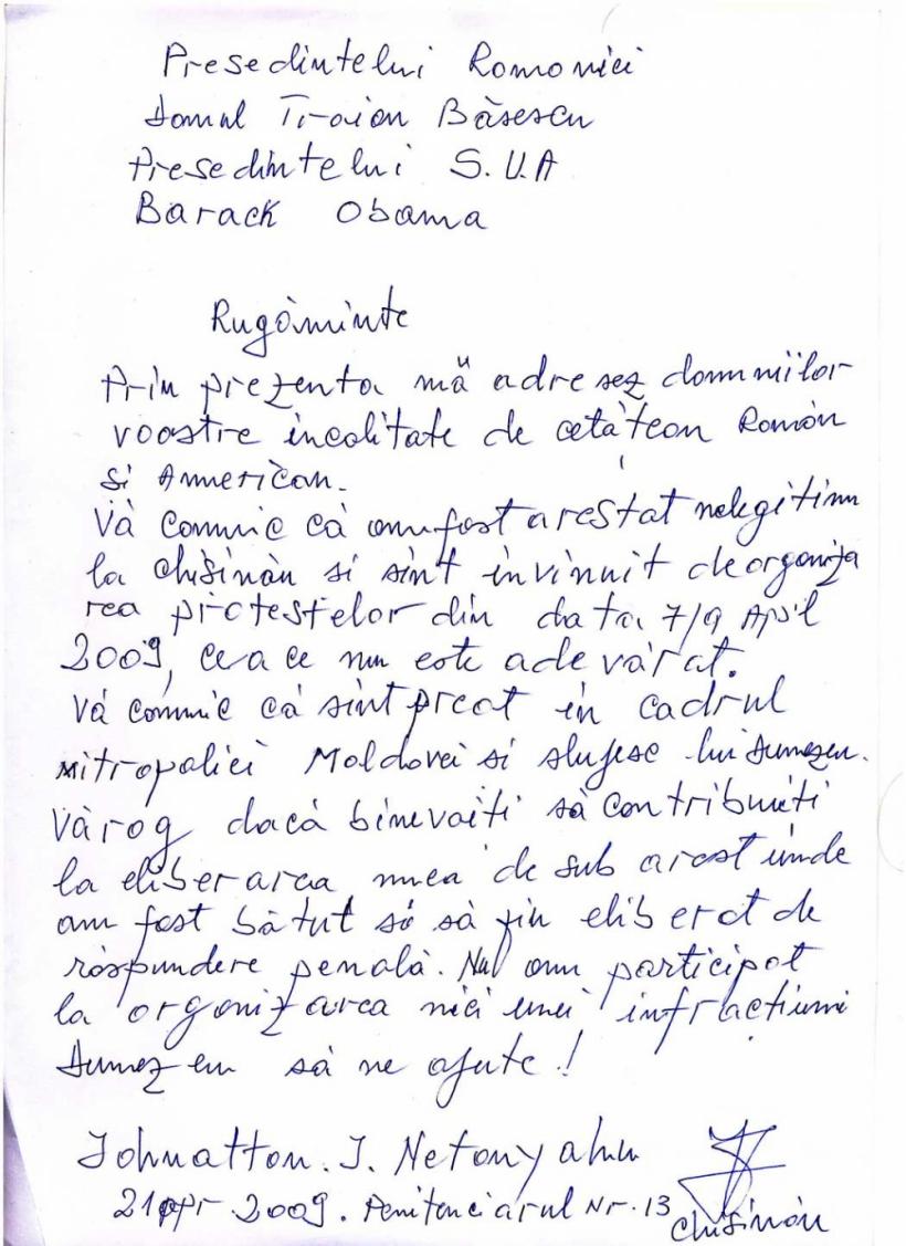 Chişinău: Netanyahu le-a scris lui Băsescu şi Obama