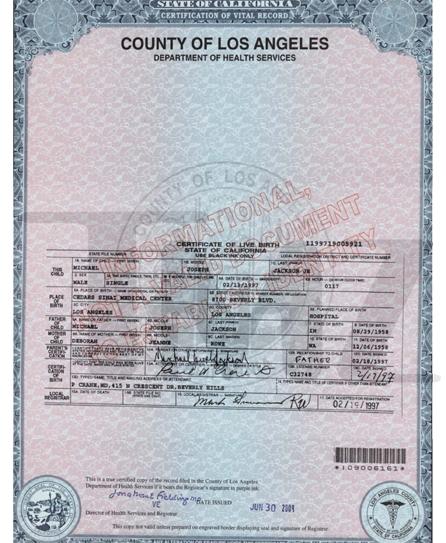 Certificatele de naştere ale lui Prince Michael şi Paris Jackson
