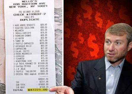 Miliardarul Abramovci a "spart" 52.000 de dolari pe un prânz!