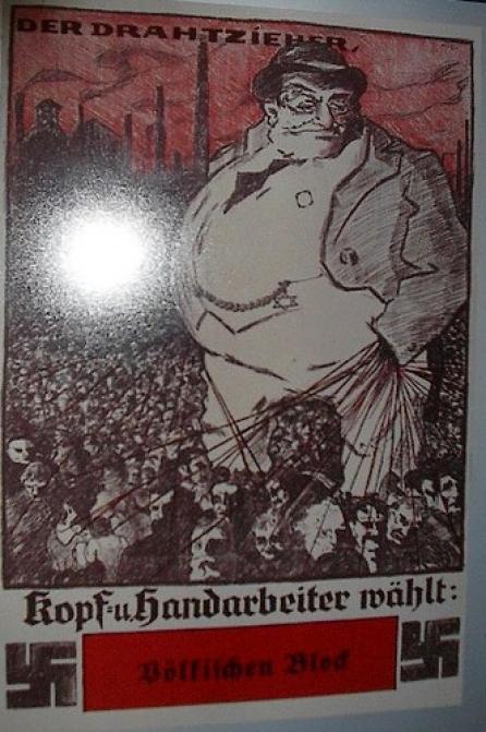 Metafora grasului în spinarea slabului, după un afiş nazist unde grasul era evreul