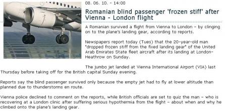 Un român a zburat de la Viena la Londra agăţat de trenul de aterizare!