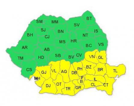 Codul galben de caniculă, valabil luni şi marţi doar în jumătatea de sud a ţării