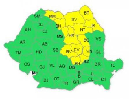 Cod galben de ploi pentru Moldova, Maramureş şi zona Carpaţilor Orientali 