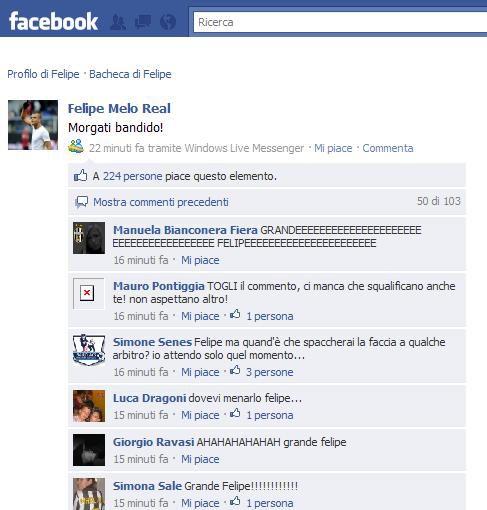 Felipe Melo l-a insultat pe Facebook pe arbitrul care nu i-a acordat un penalty lui Juventus