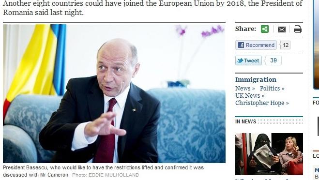 Băsescu, pentru The Telegraph: Până în 2018, numărul statelor membre UE ar putea ajunge la 35.