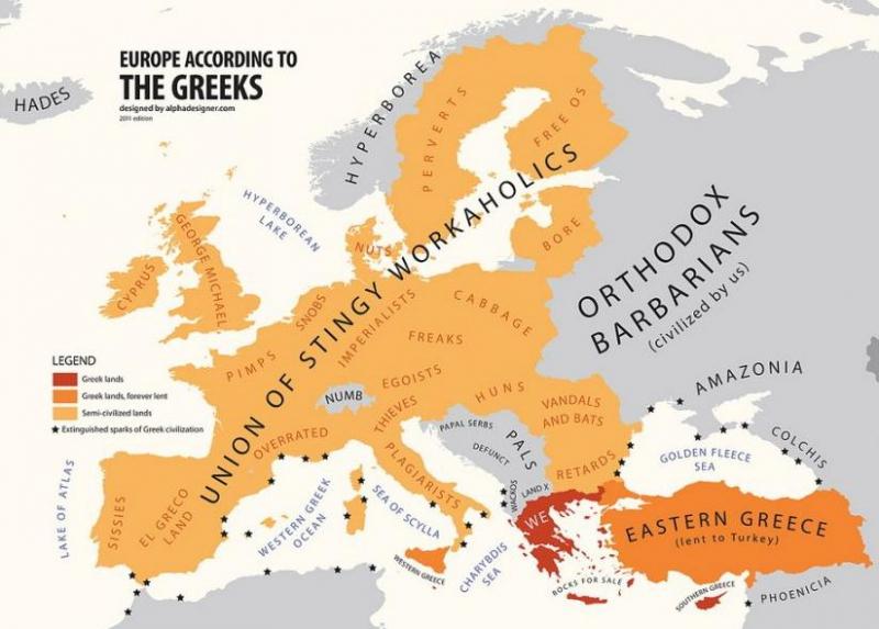 Europa, în viziunea grecilor: Bulgarii - retardaţi, românii - vandali, italienii - plagiatori. Vezi harta completă