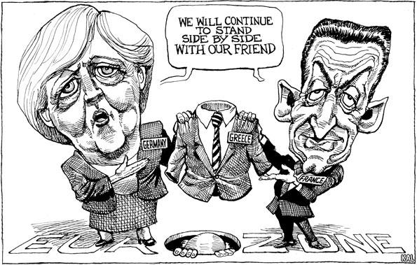 The Economist prezice, printr-o caricatură, sfârşitul susţinerii Greciei de către Germania şi Franţa