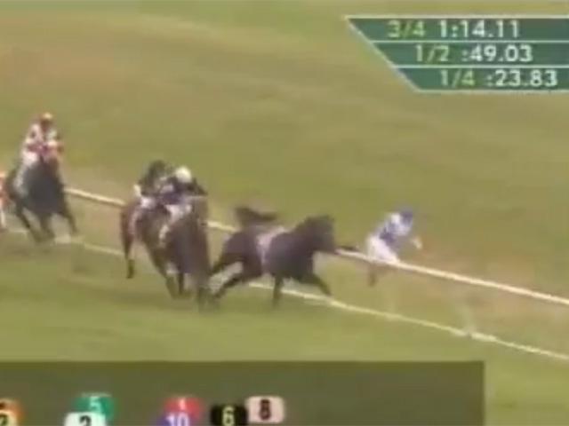 Jocheu campion aruncat peste parapeţi de un cal de curse înainte de linia de sosire. (Video)