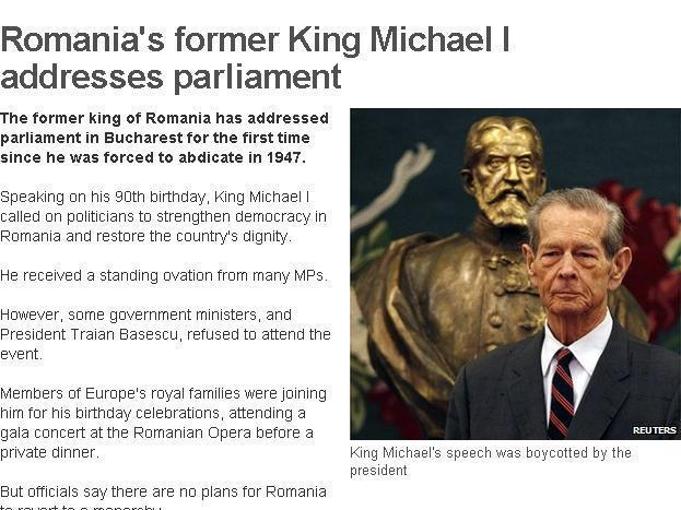 BBC: Băsescu a boicotat discursul Regelui în Parlament