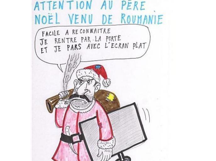 Românii, insultaţi de un politician francez, într-o caricatură: "Atenţie la Moş Crăciun venit din România. Intru pe uşă şi plec cu televizorul"