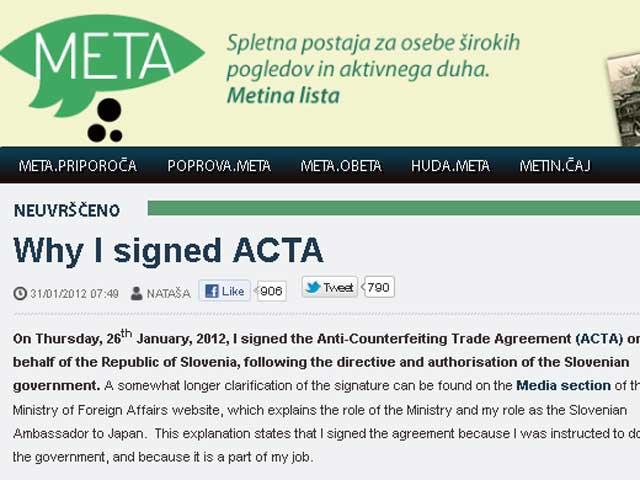 Ambasadoarea Sloveniei la Tokyo îşi cere scuze pentru semnarea ACTA!