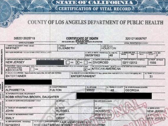 Certificatul de deces al lui Whitney Houston a fost făcut public