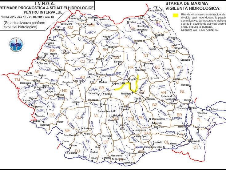 Cod galben de inundaţii pe râul Olt, în judeţele Harghita, Covasna şi Braşov