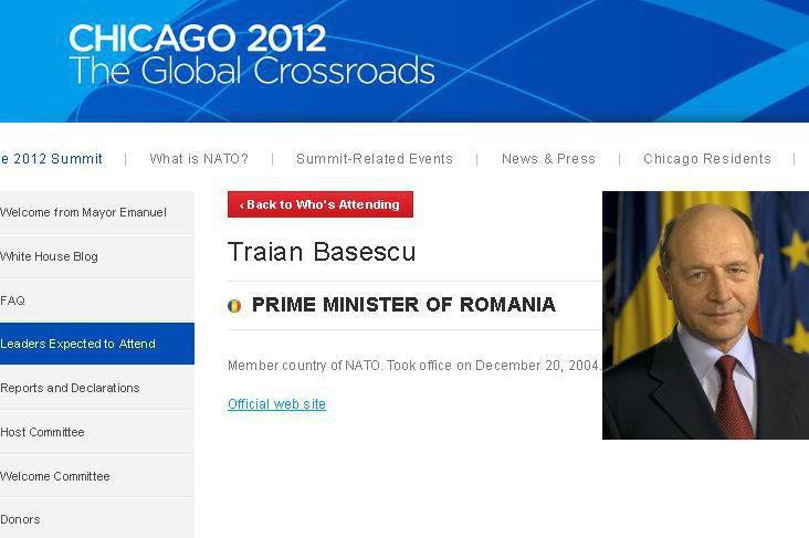 Gafă pe site-ul summitului NATO de la Chicago: Traian Băsescu este premierul României şi conduce Guvernul din anul 2004
