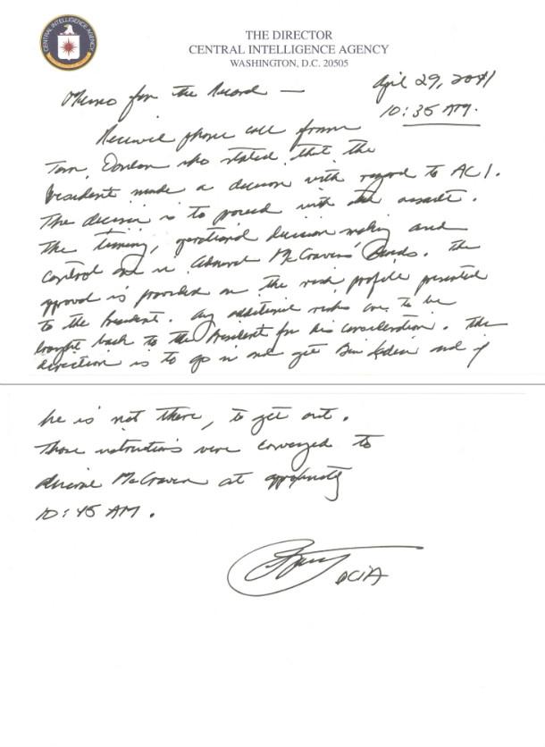 Documentul prin care şeful CIA a anunţat OK-ul pentru capturarea sau eliminarea lui Osama bin Laden