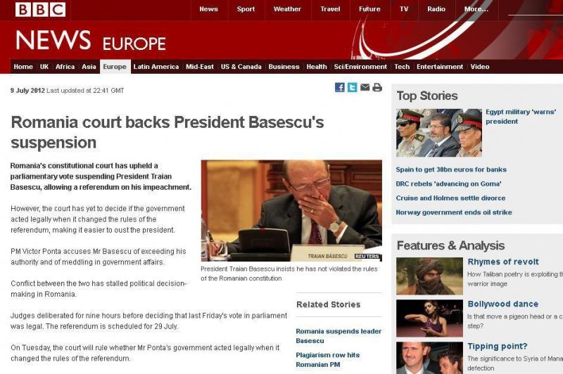 Presa internaţională comentează decizia prin care Curtea Constituţională a validat suspendarea lui Traian Băsescu