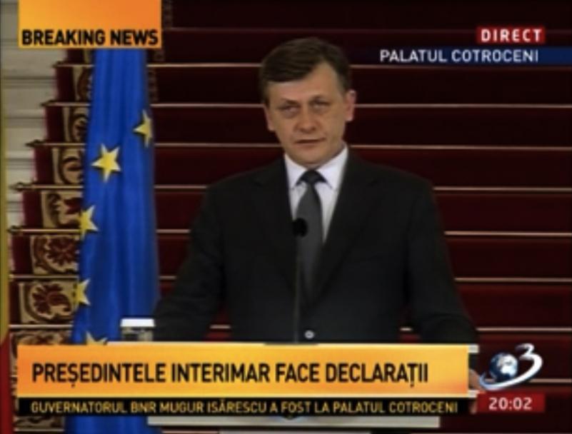 Preşedintele interimar Antonescu, de la Cotroceni: "Garantez respectarea Constituţiei României de către toate instituţiile statului