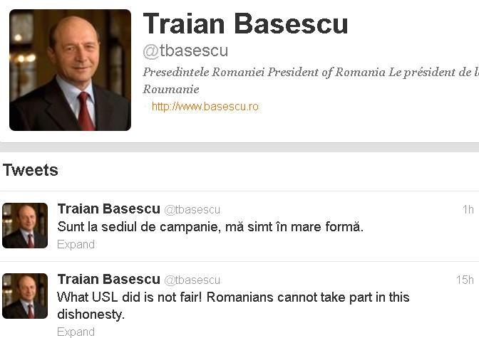 Traian Băsescu, activ pe Twitter: "Sunt la sediul de campanie, mă simt în mare formă!"