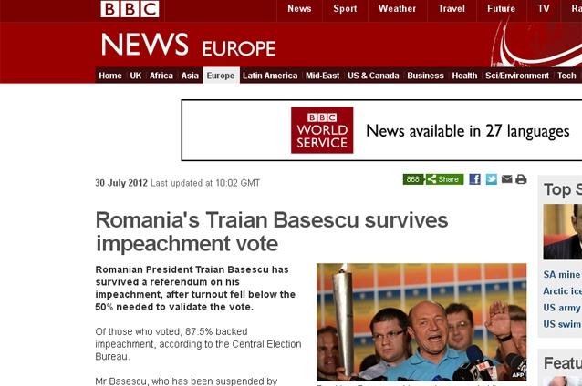 Presa internaţională după decizia CC: "Preşedintele Băsescu scapă de suspendare"