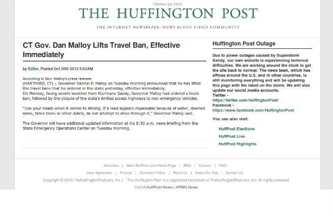 Uraganul Sandy a închis site-ul Huffington Post